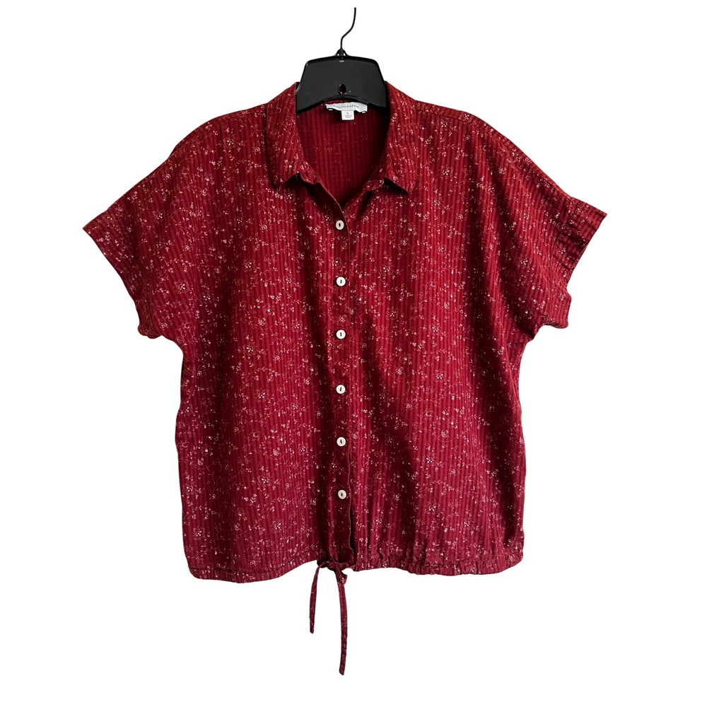 Calligraphie Womens Red Floral Cotton Button Down Drawstring Hem Shirt Large
